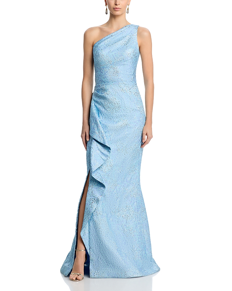 Teri Jon By Rickie Freeman Metallic Jacquard One-Shoulder Gown