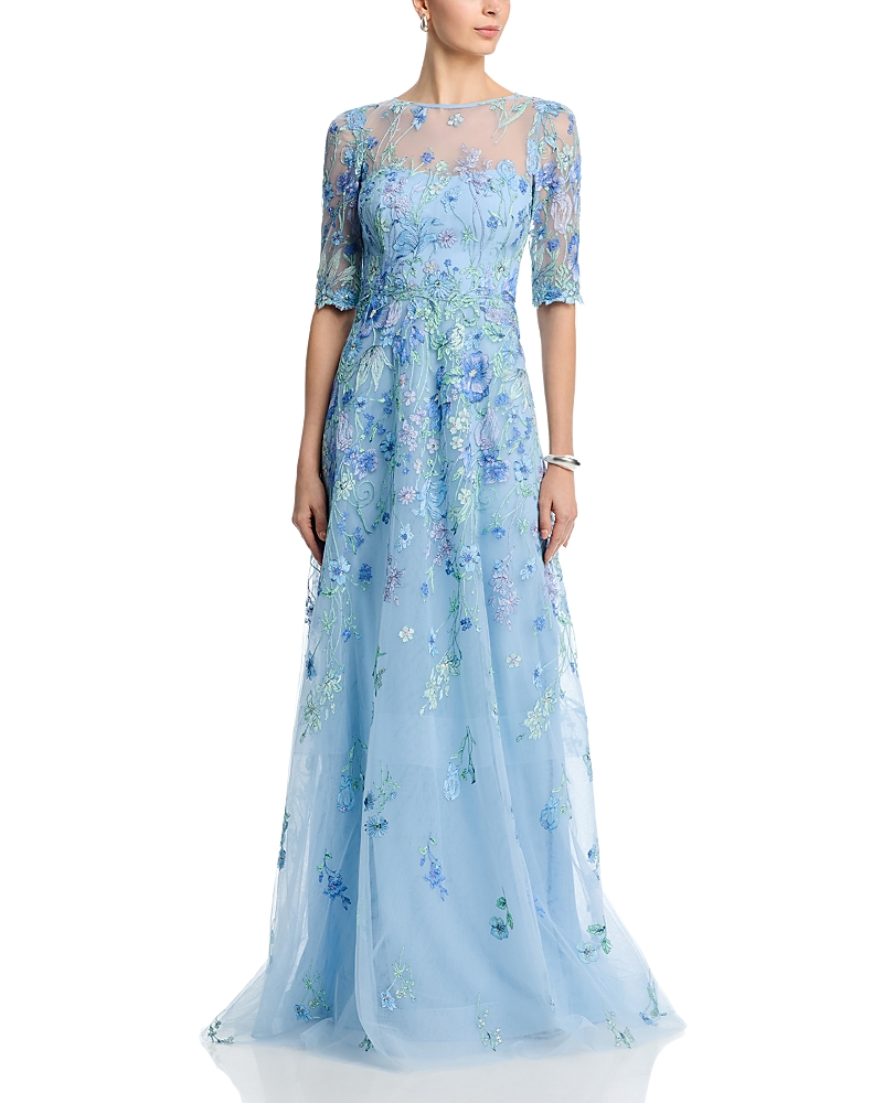 Teri Jon by Rickie Freeman Embroidered Tulle Elbow Sleeve Gown