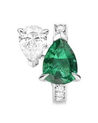 18K White Gold Serti sur Vide Emerald & Diamond Pear Right Earring