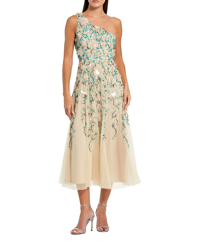 Mac Duggal Floral Embellished Mesh One Shoulder Midi Dress