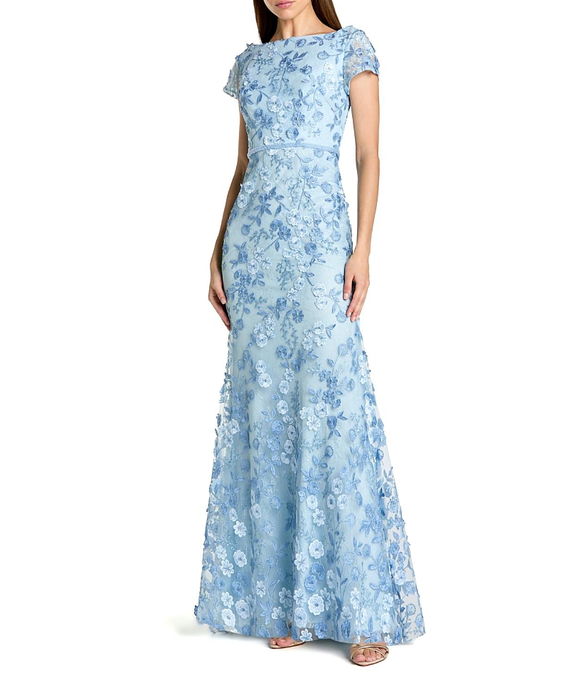 Mac Duggal Floral Applique Boar Neck Short Sleeve Gown