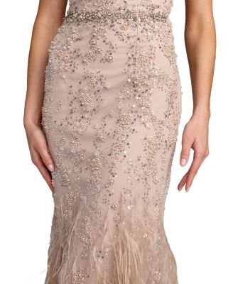 Strapless Beaded Net Trumpet Gown with Feathers