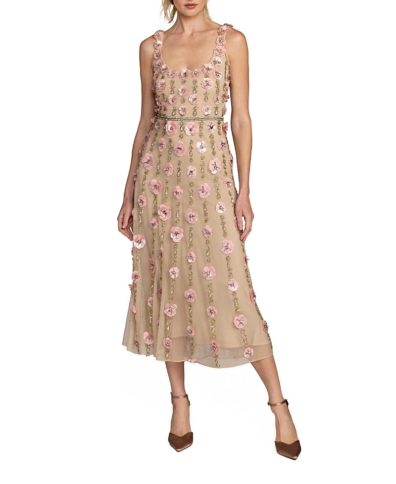 Mac Duggal Beaded Mesh Scoop Neck Sleeveless Midi Dress