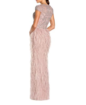  Embellished Cap Sleeve Feather Gown