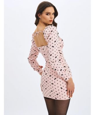  Perla Ruched Bust Velvet-Embossed Bow Mini Dress