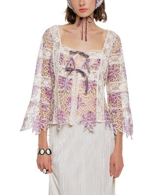  Medallion Floral Lace Tie Blouse