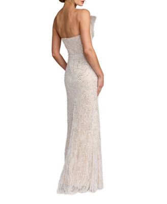  Sequin Organza Strapless Bow Detail Column Gown