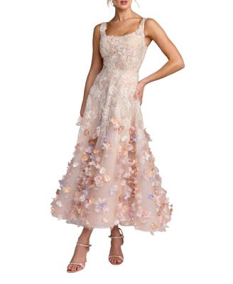  Sleeveless Beaded Midi Dress With 3D Flowers