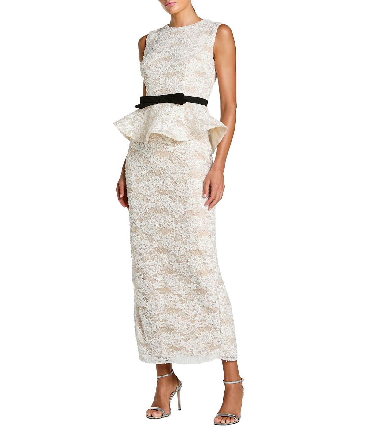 Mac Duggal Lace Sleeveless Peplum Top Column Gown with Bow
