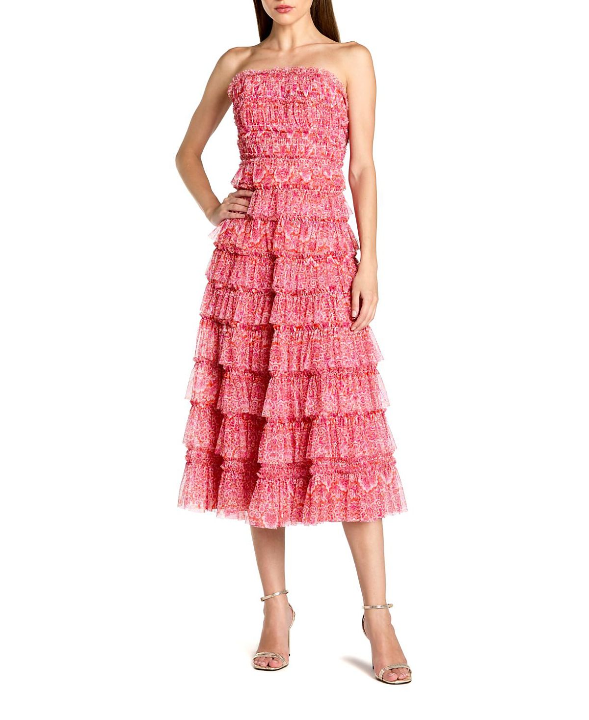 Mac Duggal Ruffle Mesh Strapless Midi Dress