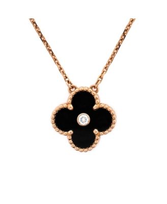 Vintage-Like Alhambra Pendant Necklace 18K Rose Gold and Onyx with Diamond, 16.25"