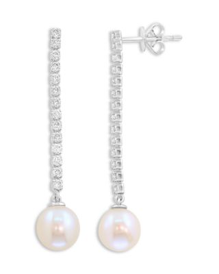 Pearl Spring Freshwater Pearl & Diamond Linear Drop Earrings in 14K White Gold