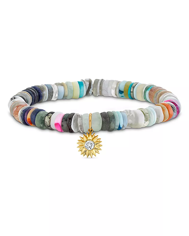 Sydney Evan 14K Yellow Gold California Rainbow Heishi & Diamond Solar Charm Stretch Bracelet - Exclusive