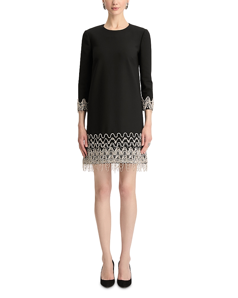 Oscar de la Renta Long Sleeve Wave Embroidered Hem Cocktail Dress