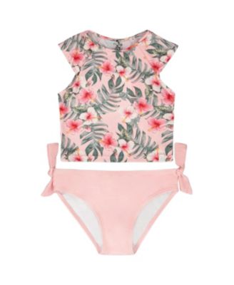 Girls' Two-Piece Short Sleeve Top Hibiscus Swimsuit - Big Kid