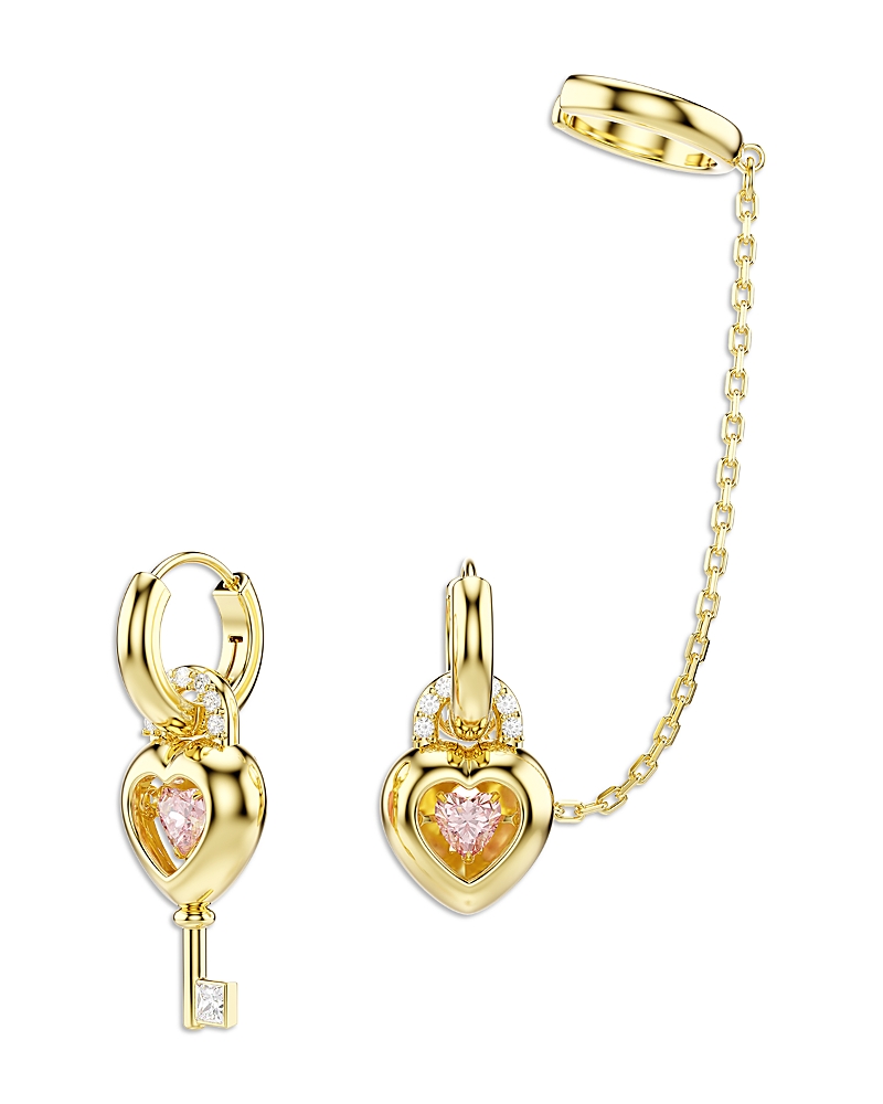 Swarovski Idyllia Stone Heart Lock & Key Mismatch Hoop With Cuff Earrings