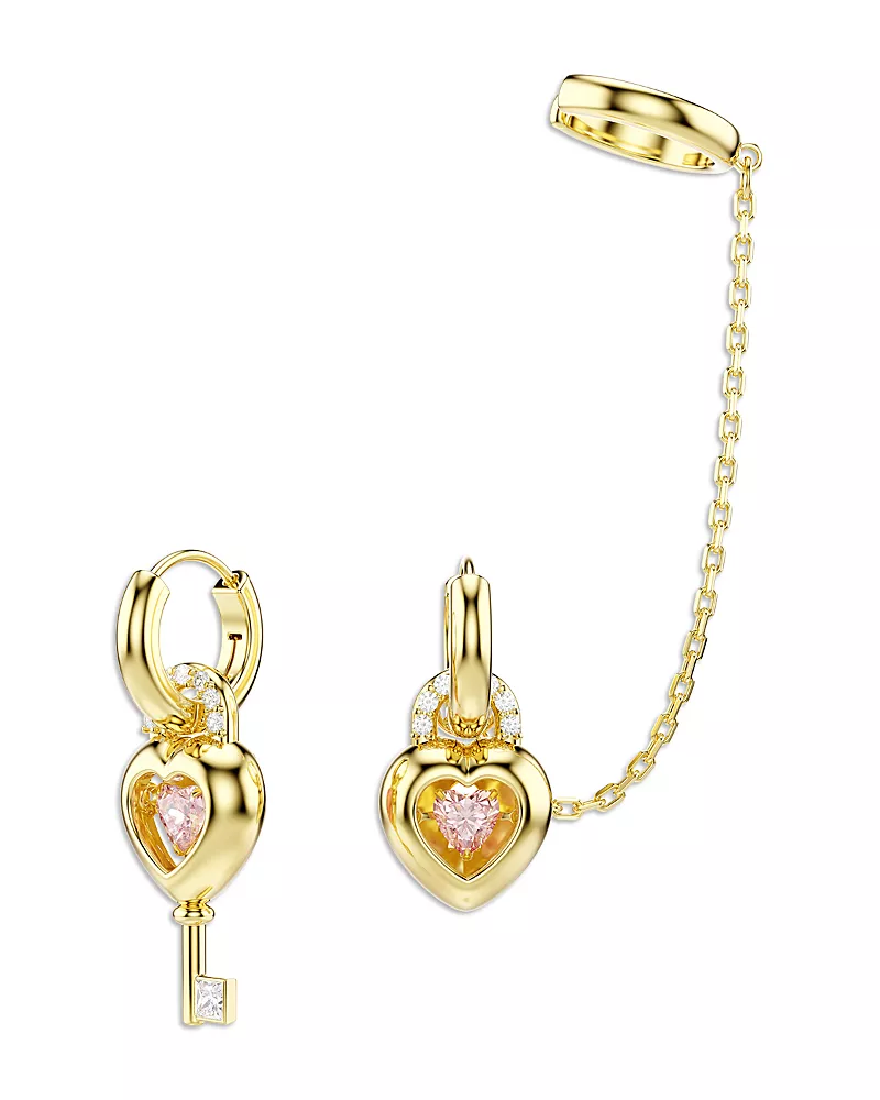 Swarovski Idyllia Stone Heart Lock & Key Mismatch Hoop With Cuff Earrings