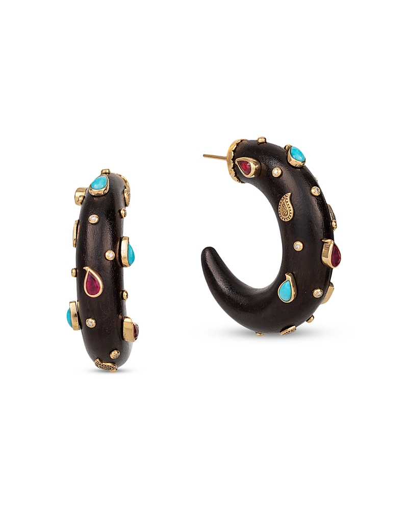Silvia Furmanovich 18K Yellow Gold Kashmir Ruby, Turquoise & Diamond Brauna Wood Hoop Earrings