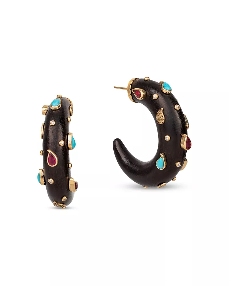 Silvia Furmanovich 18K Yellow Gold Kashmir Ruby, Turquoise & Diamond Brauna Wood Hoop Earrings