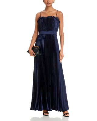 Long Pleated Spaghetti Strap Gown - Exclusive