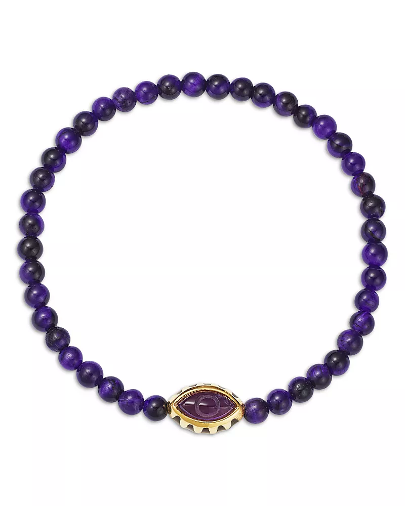 Luis Morais 14K Yellow Gold Amethyst Eye of the Idol Purple Tiger Eye Bead Bracelet