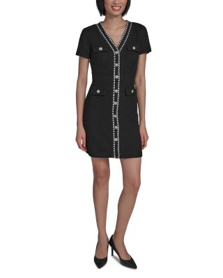 Beaded Trim Knit Tweed Sheath Dress