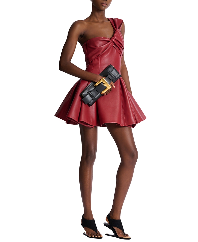 Balmain Smooth Leather One-Shoulder Dress