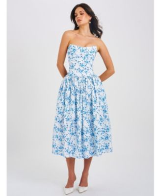  Paloma Print Linen Corset Draping Top Midi Dress