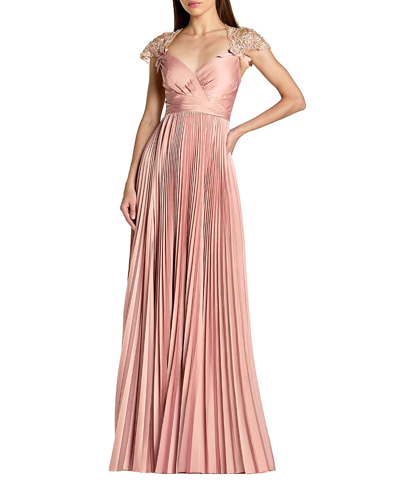 Mac Duggal Pleated Charmeuse Embellished Cap Sleeve Gown