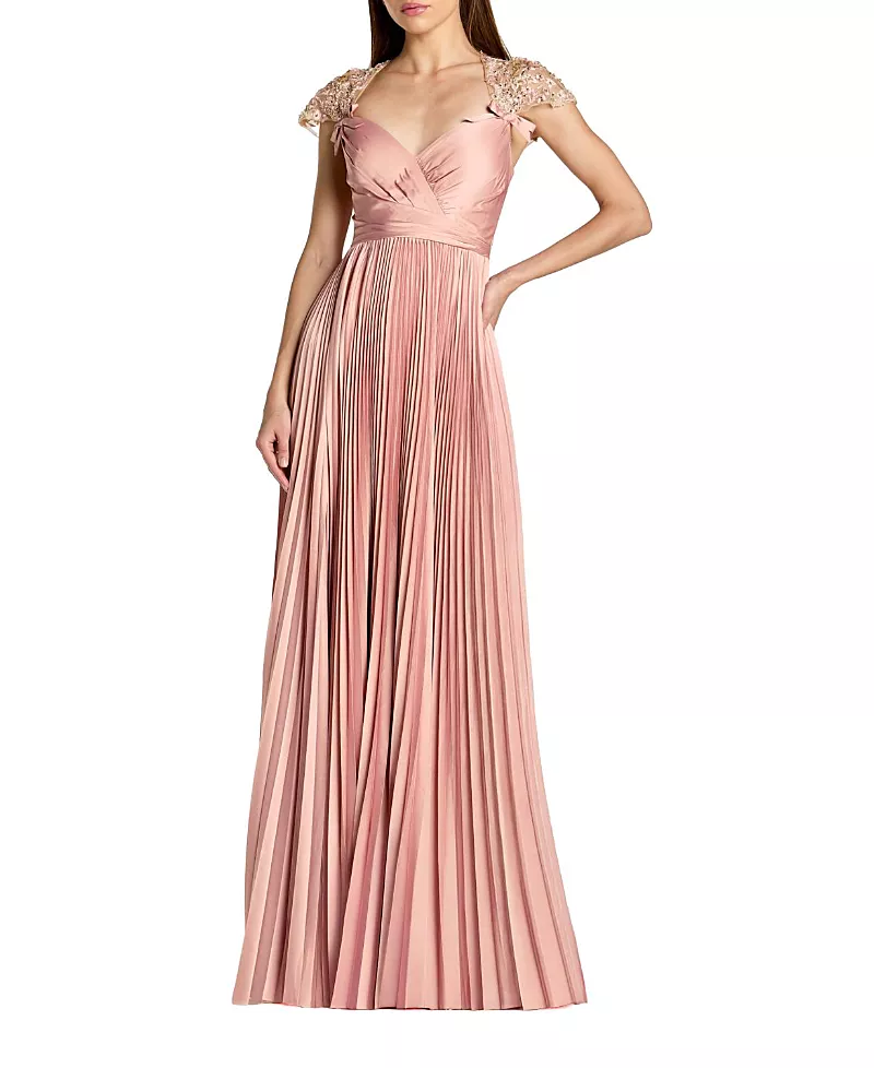 Mac Duggal Pleated Charmeuse Embellished Cap Sleeve Gown
