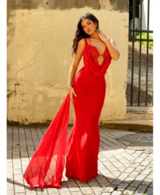  Ulanda Chiffon Lace Backless Maxi Train Dress