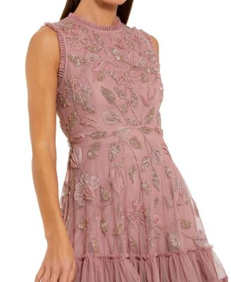  High Neck Sleeveless Beaded Dress With Ruffled Hem