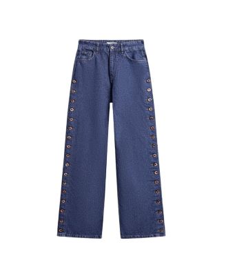  Eyelet Detail Wide-Leg Denim Pants in Medium Blue