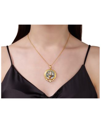 18K, 22K, & 24K Yellow Gold Antiquities Diamond Micro Mosaic Flower Pendant Necklace, 16-18"