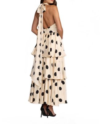  Halter Neck Polka Dot Ruffle Maxi Dress
