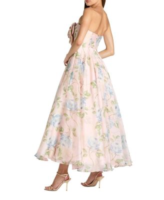 Strapless Floral Organza Midi Dress with Flower