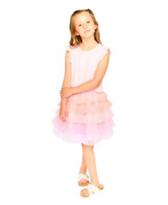  Girls' Bi-Material Short Flutter Sleeve Dress - Little Kid