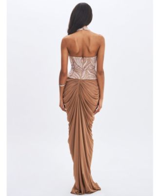  Nancie Beaded Halter Peplum Pleated Maxi Dress