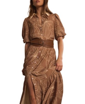  Women's Floral Print Maxi Shirt Dress with Puff sleeves