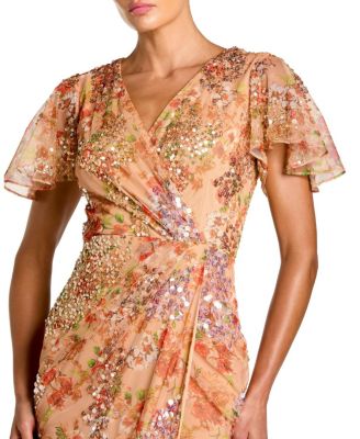  Embellished Floral Flutter Sleeve Midi Dress