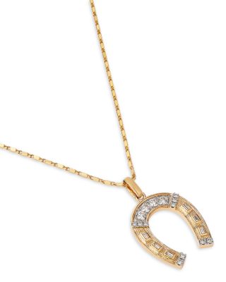 Diamond Round and Baguette Horseshoe Pendant Necklace in 14K Yellow Gold, 0.48 tcw