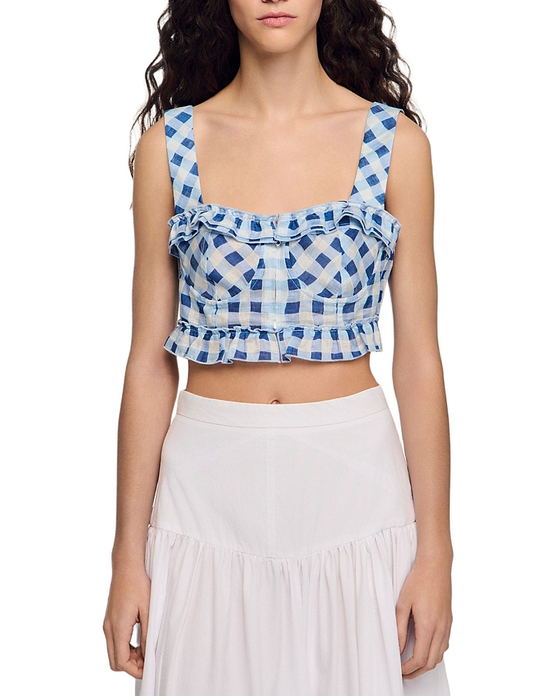 Sandro Josie Gingham Linen Blend Crop Top