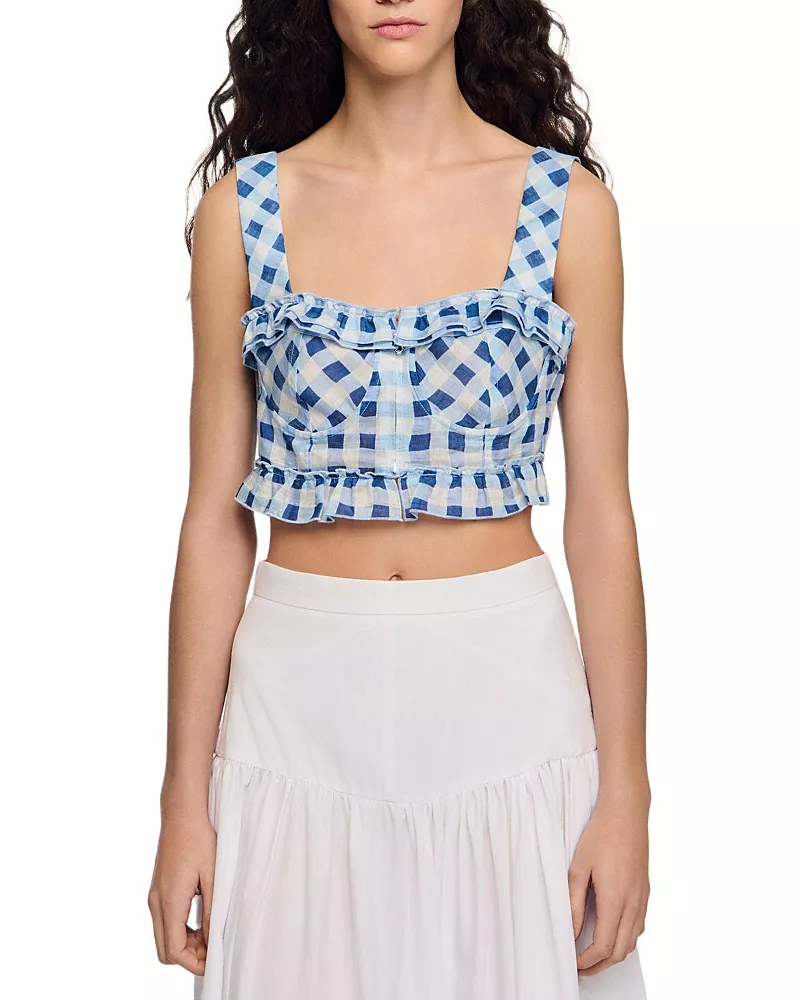 Sandro Josie Gingham Linen Blend Crop Top