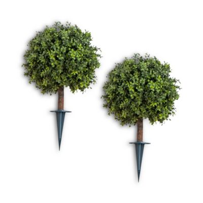 UV Resistant Artificial Boxwood Topiary with Integrated Ground Stake (Indoor/Outdoor), 2', Set of 2