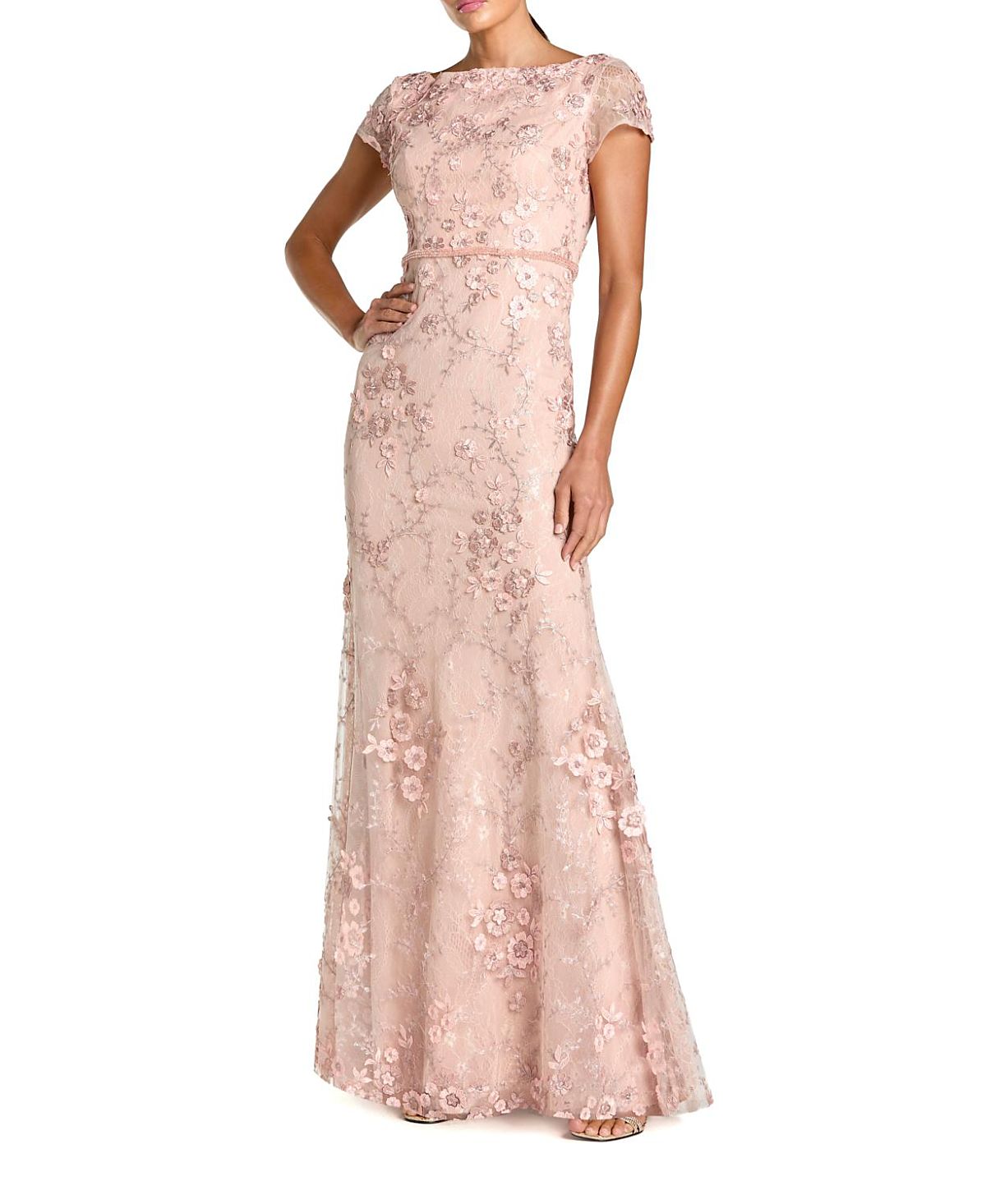 Mac Duggal Floral Applique Boar Neck Short Sleeve Gown