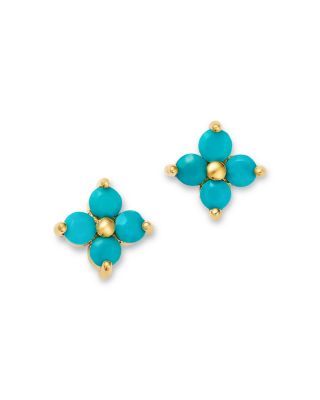 14K Yellow Gold Turquoise Gemstones Flower Cluster Stud Earrings