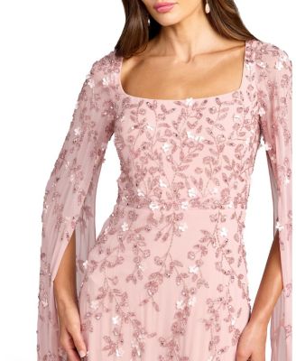 Beaded Georgette Square Neck Cape Sleeve Gown