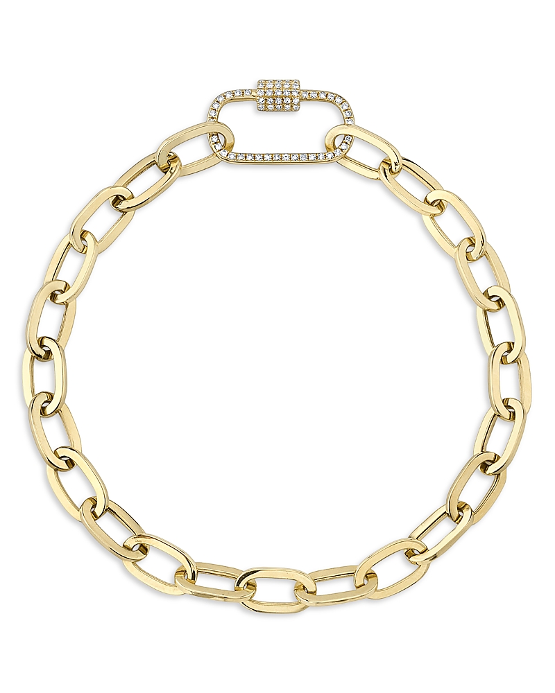 Shy Creation 14K Yellow Gold Diamond Pave Carabiner Clasp Paperclip Link Bracelet