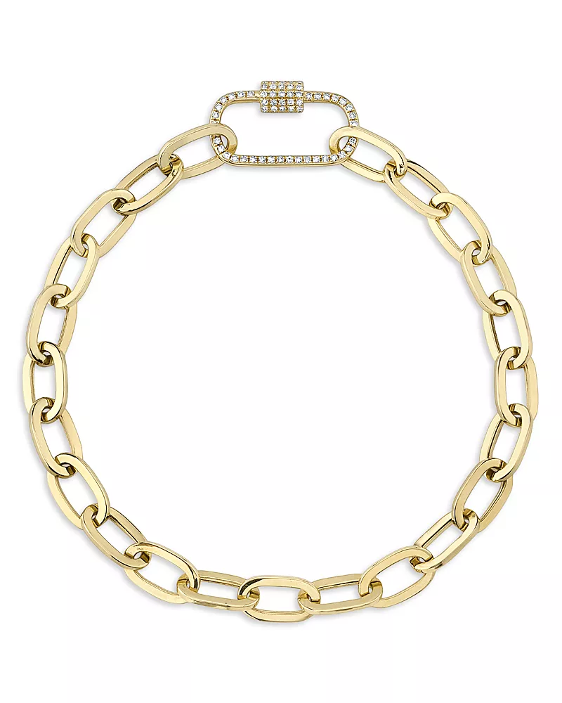Shy Creation 14K Yellow Gold Diamond Pave Carabiner Clasp Paperclip Link Bracelet