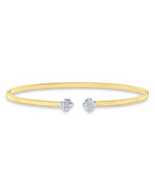 14K White & Yellow Gold Diamond Clover Cuff Bangle Bracelet